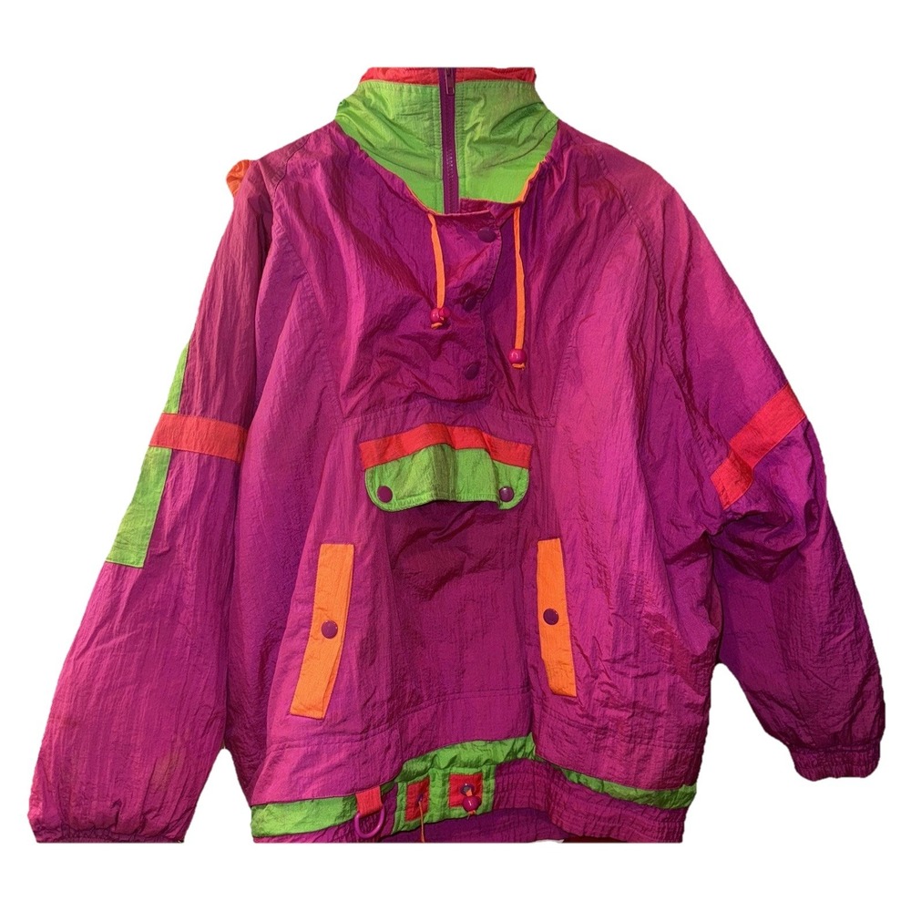 Vtg East West Panda Group Ski Jacket Pullover Neon 80's Parachute Women's Sz L
